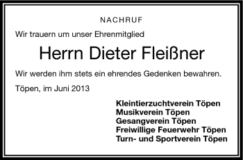 Traueranzeige von Dieter Fleißner von Frankenpost