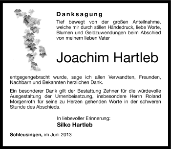 Traueranzeige von Joachim Hartleb von Südthüringer Presse