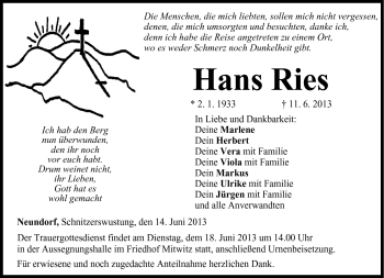 Traueranzeige von Hans Ries von Neue Presse Coburg