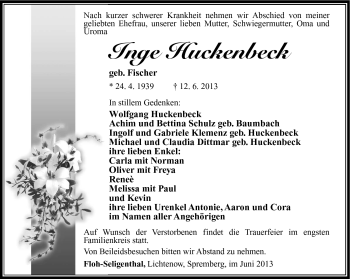 Traueranzeige von Inge Huckenbeck von Südthüringer Presse
