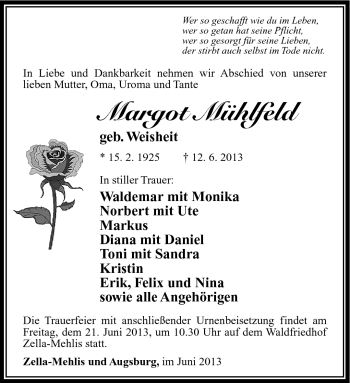Traueranzeige von Margot Mühlfeld von Südthüringer Presse