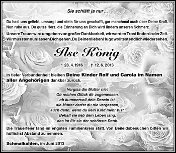 Traueranzeige von Ilse König von Südthüringer Presse