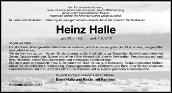Traueranzeige von Heinz Halle von Südthüringer Presse
