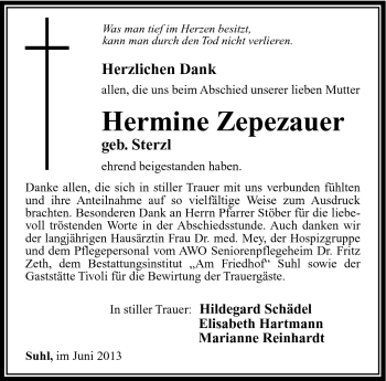 Traueranzeige von Hermine Zepezauer von Südthüringer Presse