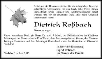 Traueranzeige von Dietrich Roßbach von Südthüringer Presse
