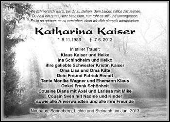 Traueranzeige von Katharina Kaiser von Südthüringer Presse