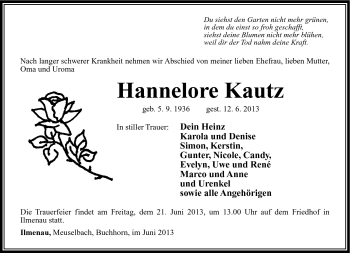 Traueranzeige von Hannelore Kautz von Südthüringer Presse