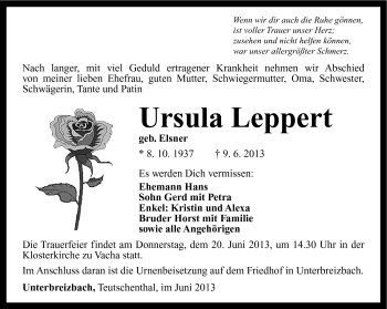 Traueranzeige von Ursula Leppert von Südthüringer Presse