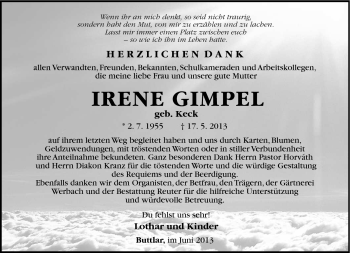 Traueranzeige von Irene Gimpel von Südthüringer Presse