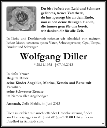 Traueranzeige von Wolfgang Diller von Südthüringer Presse