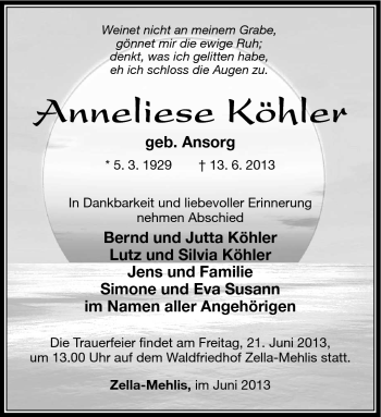 Traueranzeige von Anneliese Köhler von Südthüringer Presse
