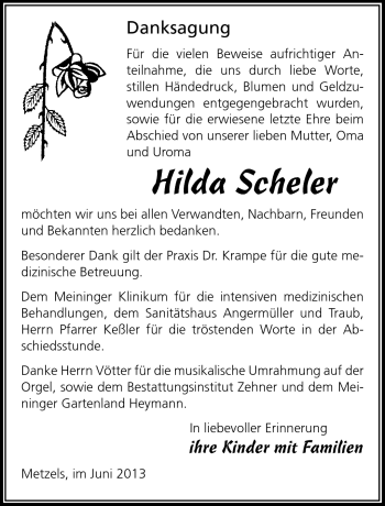 Traueranzeige von Hilda Scheler von Südthüringer Presse