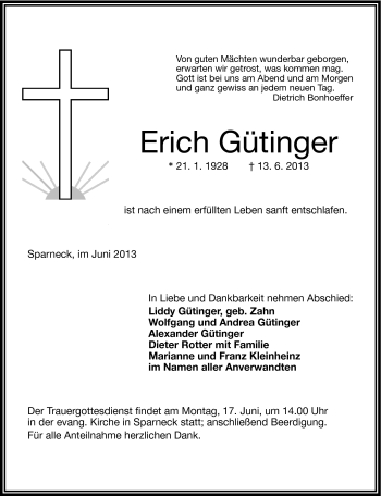Traueranzeige von Eich Gütinger von Frankenpost