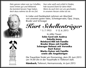 Traueranzeige von Kurt Schellenträger von Südthüringer Presse