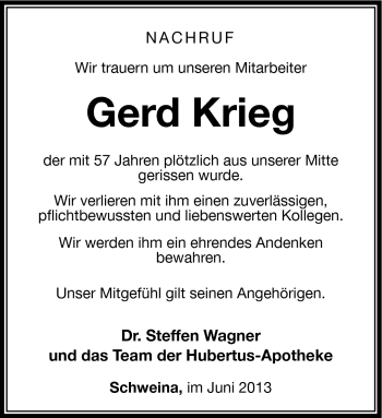Traueranzeige von Gerd Krieg von Südthüringer Presse