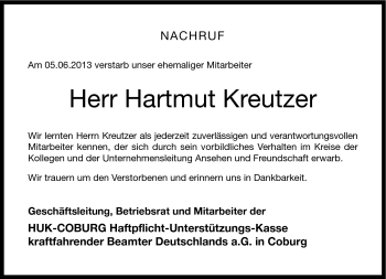 Traueranzeige von Hartmut Kreutzer von Neue Presse Coburg