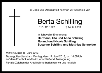 Traueranzeige von Berta Schilling von Neue Presse Coburg
