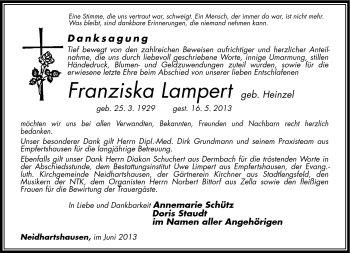 Traueranzeige von Franziska Lampert von Südthüringer Presse