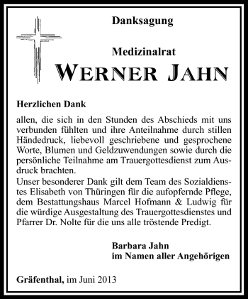 Traueranzeige von Werner Jahn von Südthüringer Presse