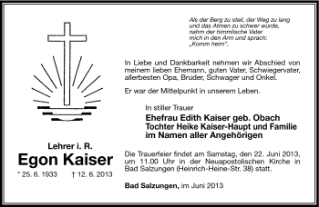 Traueranzeige von Egon Kaiser von Südthüringer Presse