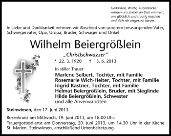 Traueranzeige von Wilhelm Beiergrößlein von Neue Presse Coburg