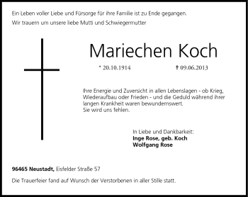 Traueranzeige von Mariechen Koch von Neue Presse Coburg