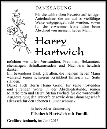 Traueranzeige von Harry Hartwich von Südthüringer Presse
