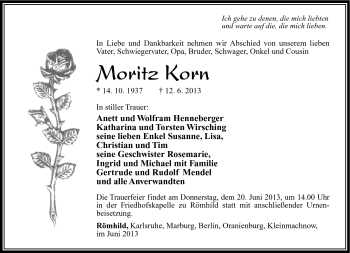 Traueranzeige von Moritz Korn von Südthüringer Presse
