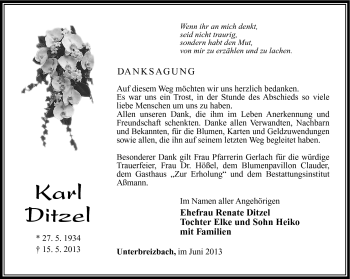 Traueranzeige von Karl Dietzel von Südthüringer Presse