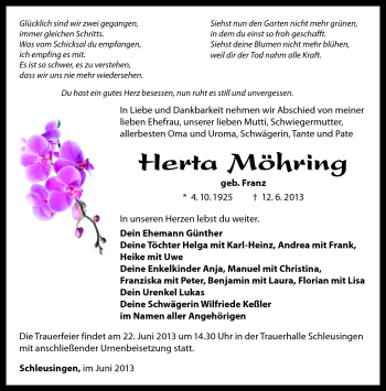 Traueranzeige von herta Möhring von Südthüringer Presse