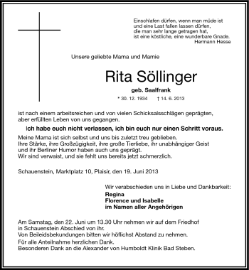 Traueranzeige von Rita Söllinger von Frankenpost