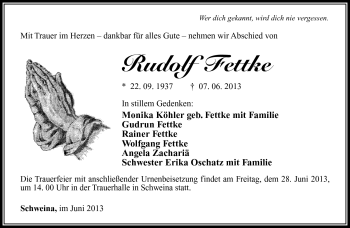 Traueranzeige von Rudolf Fettke von Südthüringer Presse