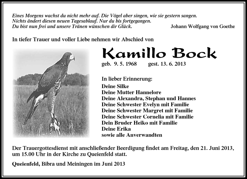  Traueranzeige für Kamillo Bock vom 19.06.2013 aus Südthüringer Presse
