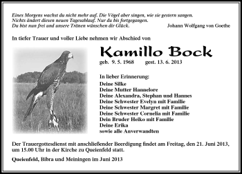 Traueranzeige von Kamillo Bock von Südthüringer Presse