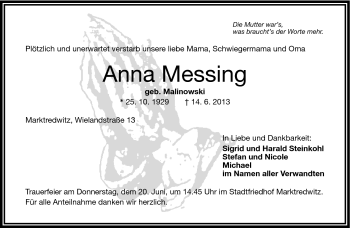 Traueranzeige von Anna Messing von Frankenpost