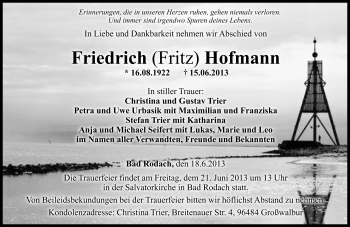 Traueranzeige von Friedrich Hofmann von Neue Presse Coburg