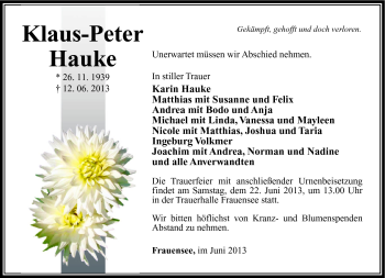 Traueranzeige von Klaus-Peter Hauke von Südthüringer Presse