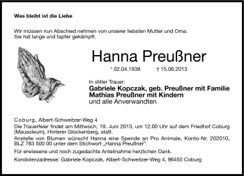 Traueranzeige von Hanna Preußner von Neue Presse Coburg
