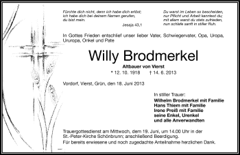Traueranzeige von Willy Brodmerkel von Frankenpost