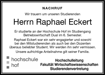 Traueranzeige von Raphael Eckert von Frankenpost