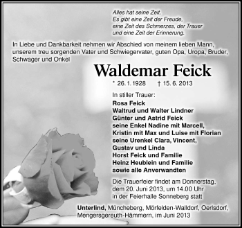 Traueranzeige von Waldemar Feick von Südthüringer Presse