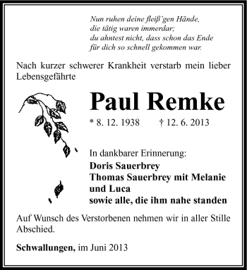 Traueranzeige von Paul Remke von Südthüringer Presse