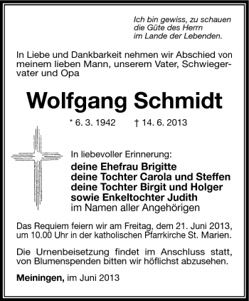 Traueranzeige von Wolfgang Schmidt von Südthüringer Presse