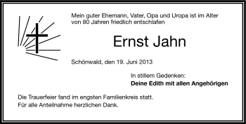 Traueranzeige von Ernst Jahn von Frankenpost