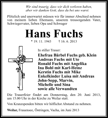 Traueranzeige von Hans Fuchs von Südthüringer Presse