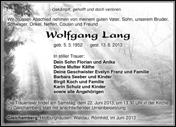 Traueranzeige von Wolfgang Lang von Südthüringer Presse