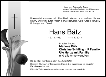 Traueranzeige von Hans Bätz von Neue Presse Coburg