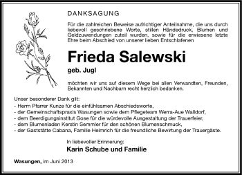 Traueranzeige von Frieda Salewski von Südthüringer Presse