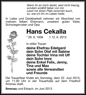 Traueranzeige von Hans Cekalla von Südthüringer Presse