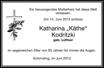 Traueranzeige von Katharina Kodritzki von Frankenpost
